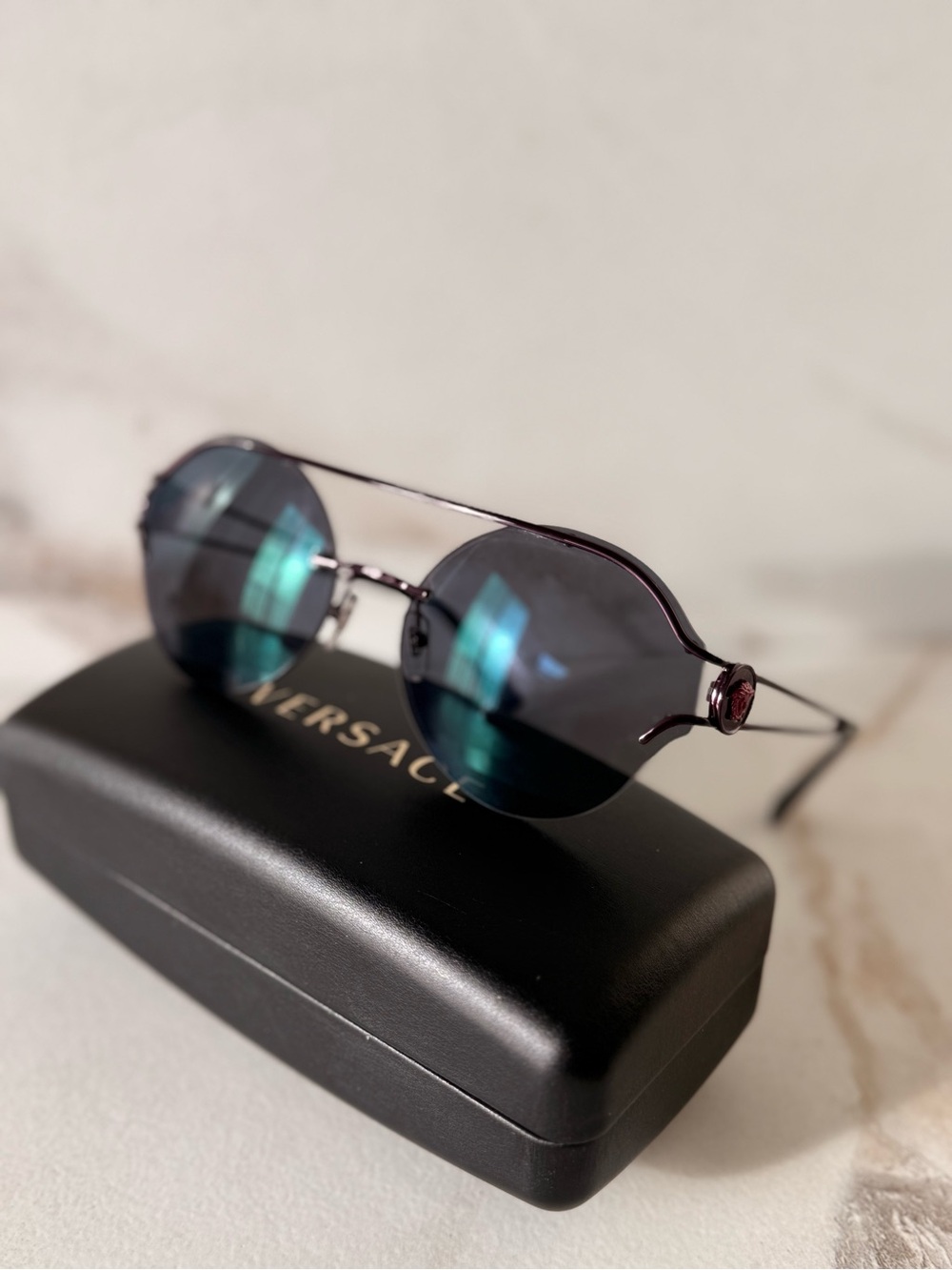 Versace Round Metal Sunglasses in Black and Blue-Green